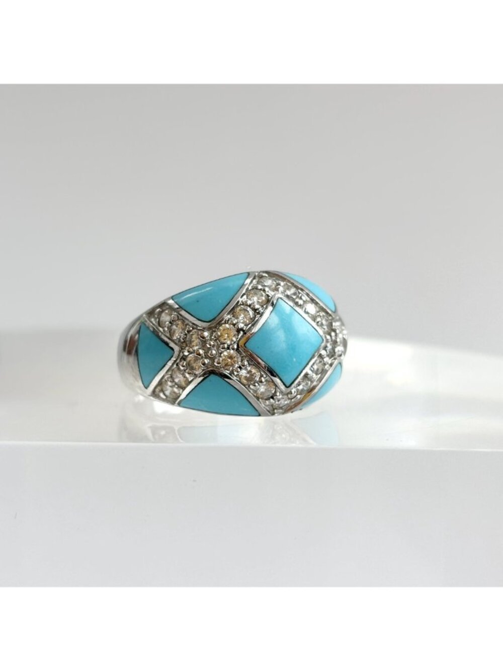 Sleeping Beauty Turquoise Geometric Sterling Silver 925 Vintage Ring - sz 7.75 - Picture 2 of 14